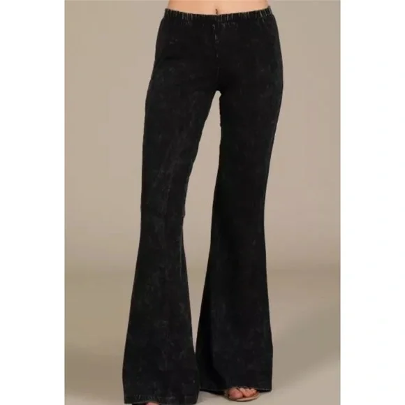SOLD OUT Black Boho Mineral Wash Flared Stretch Pants - Picture 2 of 6